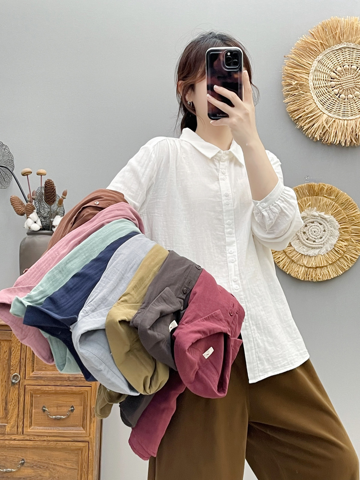 Phone Accessories On Top - Kemeja wanita lengan panjang kancing atas,
